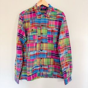 Polo Ralph Lauren Classic Fit Patchwork Madras Camp Shirt 100% Cotton Medium